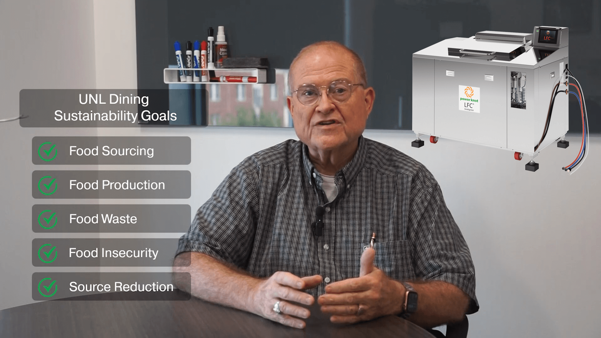 UNL testimonial UNL Dining Sustainability Goals: Food Sourcing, Food Production, Food Waste, Food Insecurity, Source Reduction.