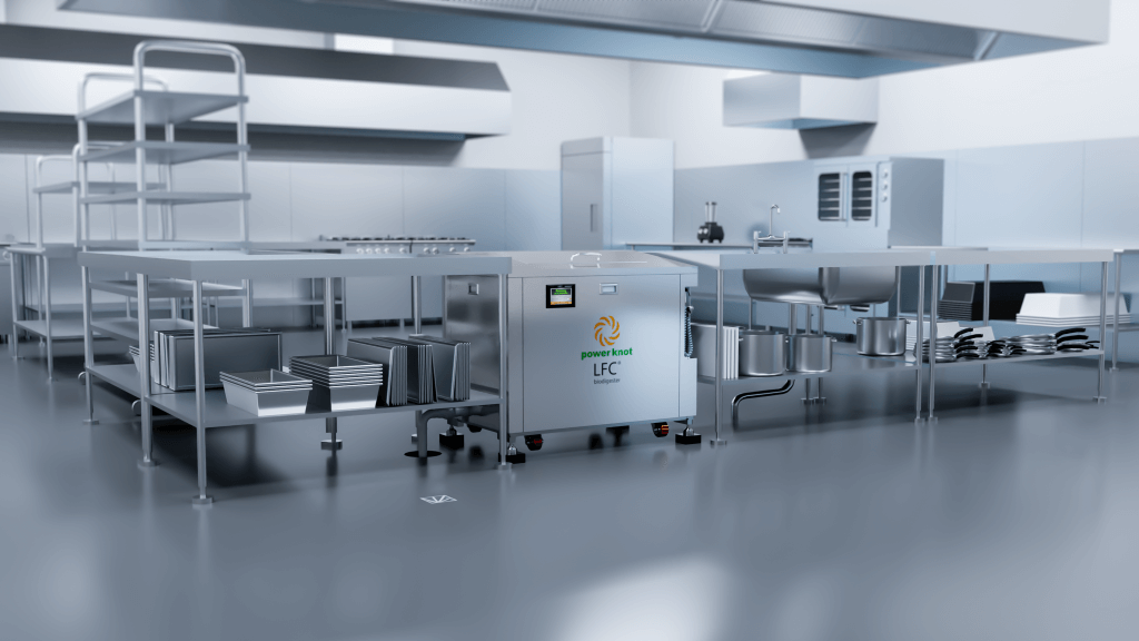 Close shot of the LFC-100 food waste biodigester in the kitchen.