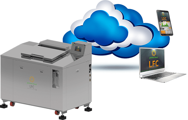 LFC-200 biodigester connecting to the LFC Cloud to produce data analytics, accessible remotely on mobile.