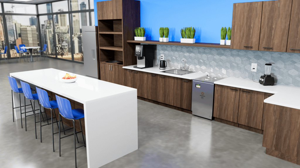 A 3D model of the LFC-25 biodigester installed in a high-rise office kitchen, adjacent to kitchen appliances and the sink.