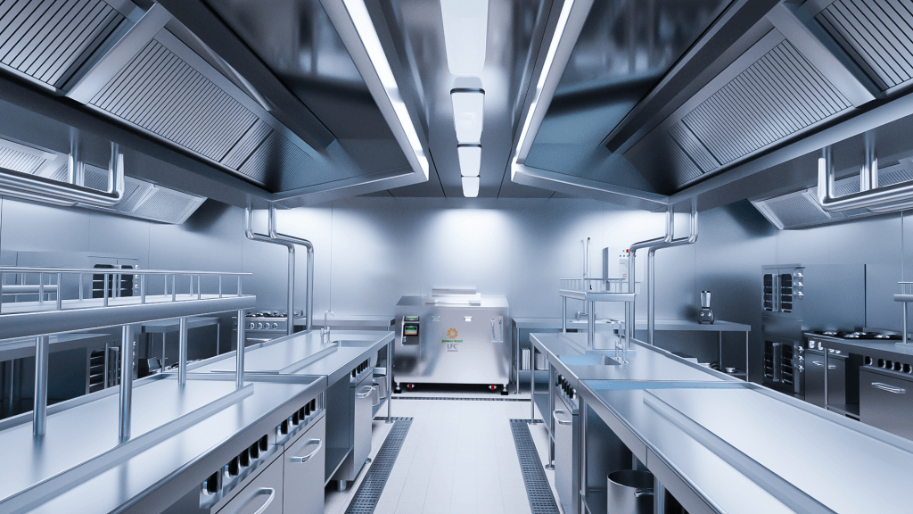 The LFC-300 biodigester featured in the galley of a ship amongst other stainless steel equipment.