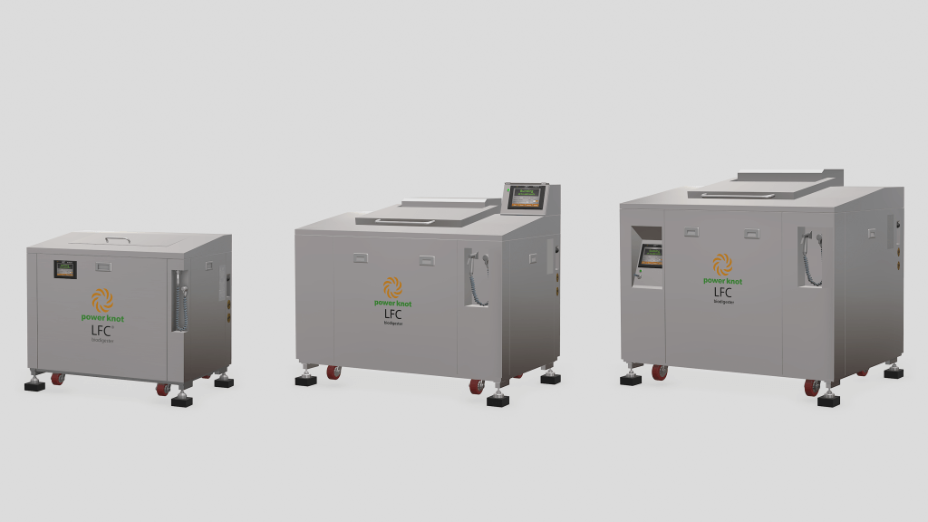 A side by side size comparison of three models of the LFC biodigester from Power Knot.