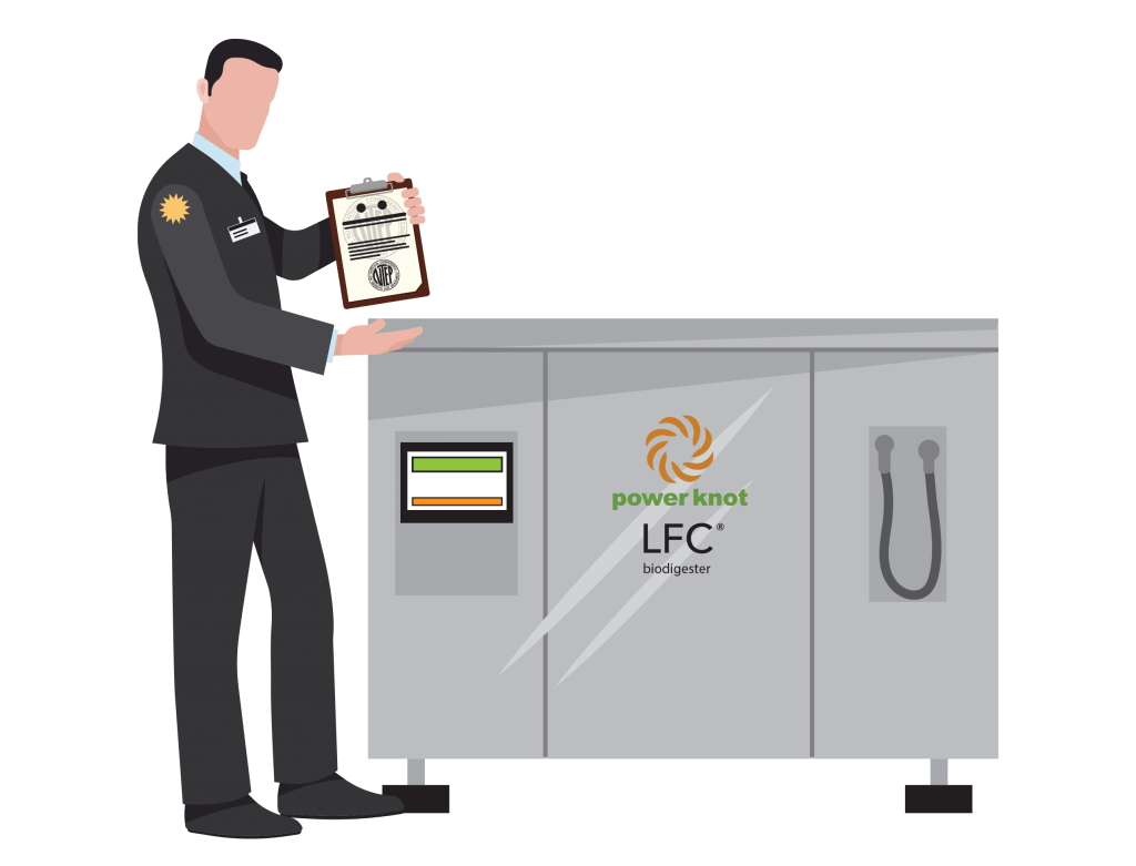 A official government representative from The National Conference on Weights and Measures is holding a NTEP certification next to Power Knot's LFC biodigester.