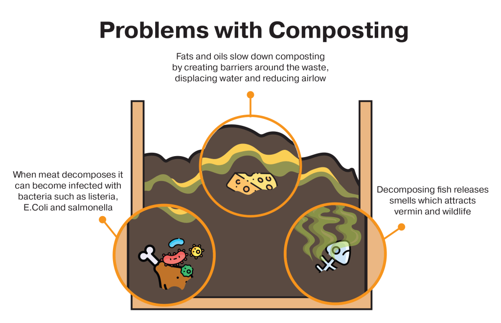 Meat, dairy, and fish may slow down or even prevent proper composting due to infection vectors and fats and oils.